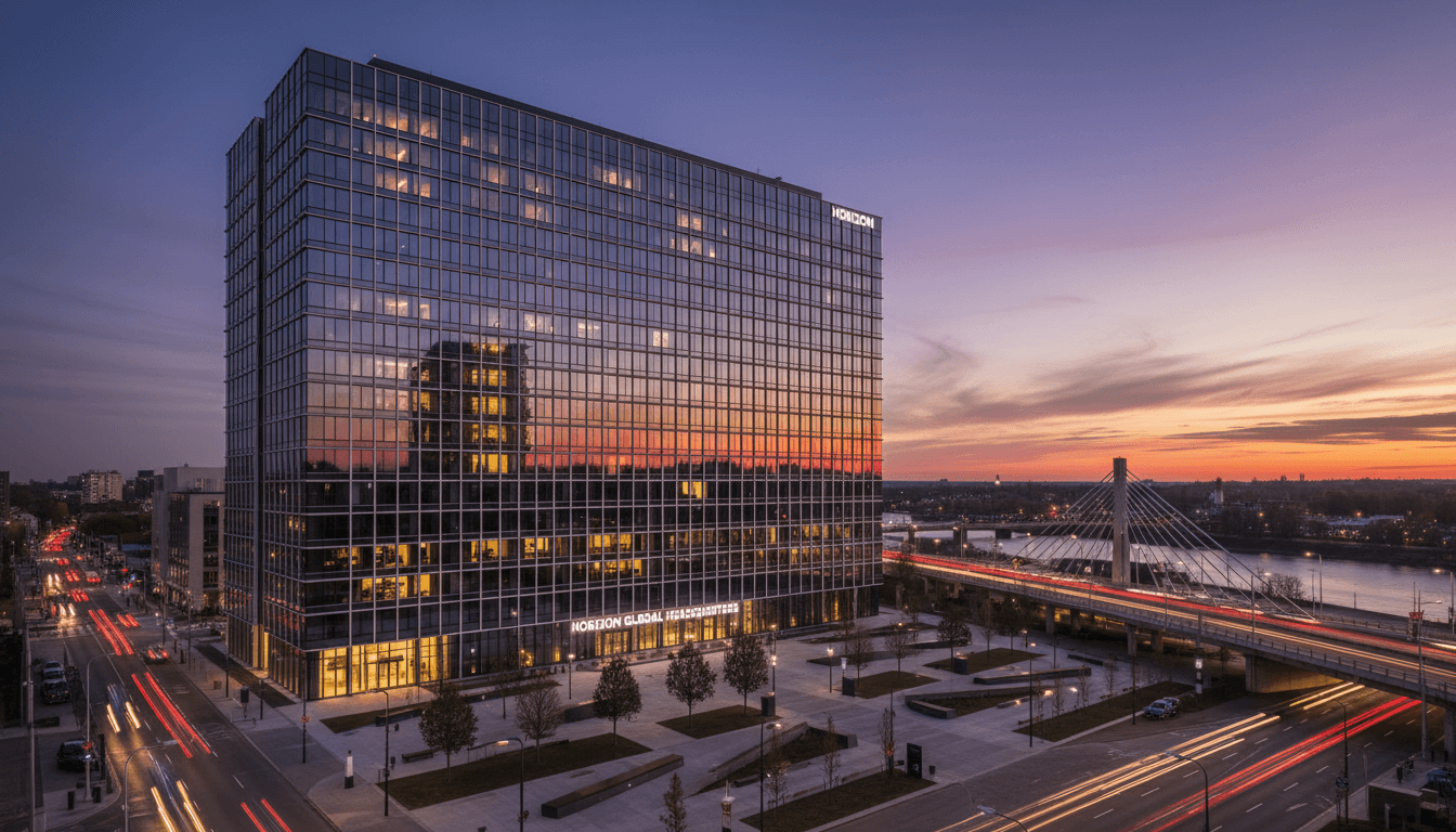 Modern commercial building exterior with glass facade at dusk