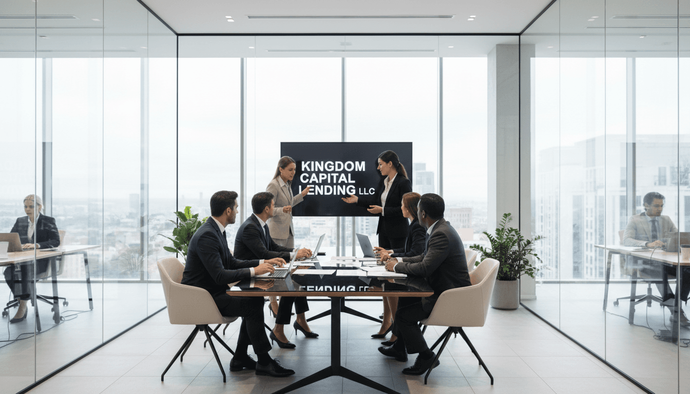 Business professionals in a modern office discussing financial strategies around a conference table.