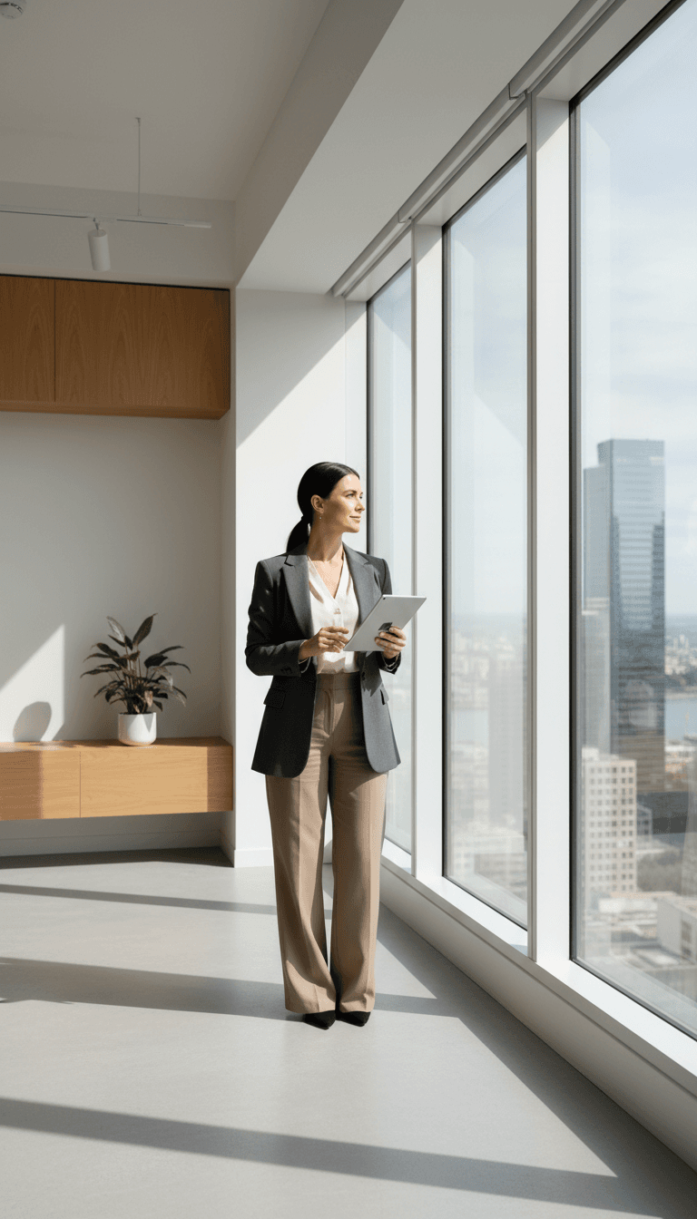 White woman business owner in her 40s in a charcoal blouse standing on the factory floor of a clean industrial warehouse with pallet racking, warm editorial lighting, composed and serious, no logos