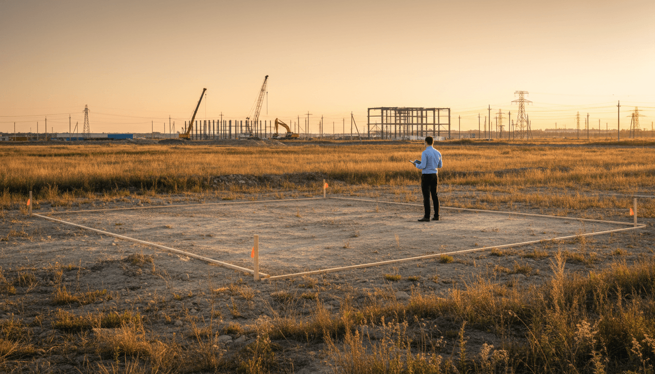 Graded vacant lot with survey stakes and distant city skyline, wide-angle landscape photography
