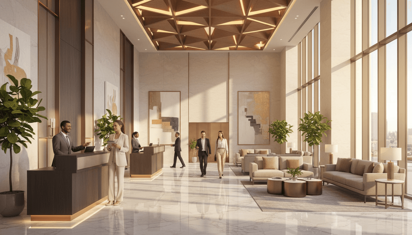 Luxury urban hotel exterior with limestone facade, lit porte-cochere, and charcoal night sky, empty of guests, refined hospitality architecture
