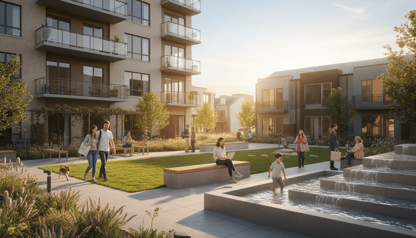 Large garden-style multifamily community with mature trees, brick mid-rises, and twilight sky, empty courtyards, institutional housing photography
