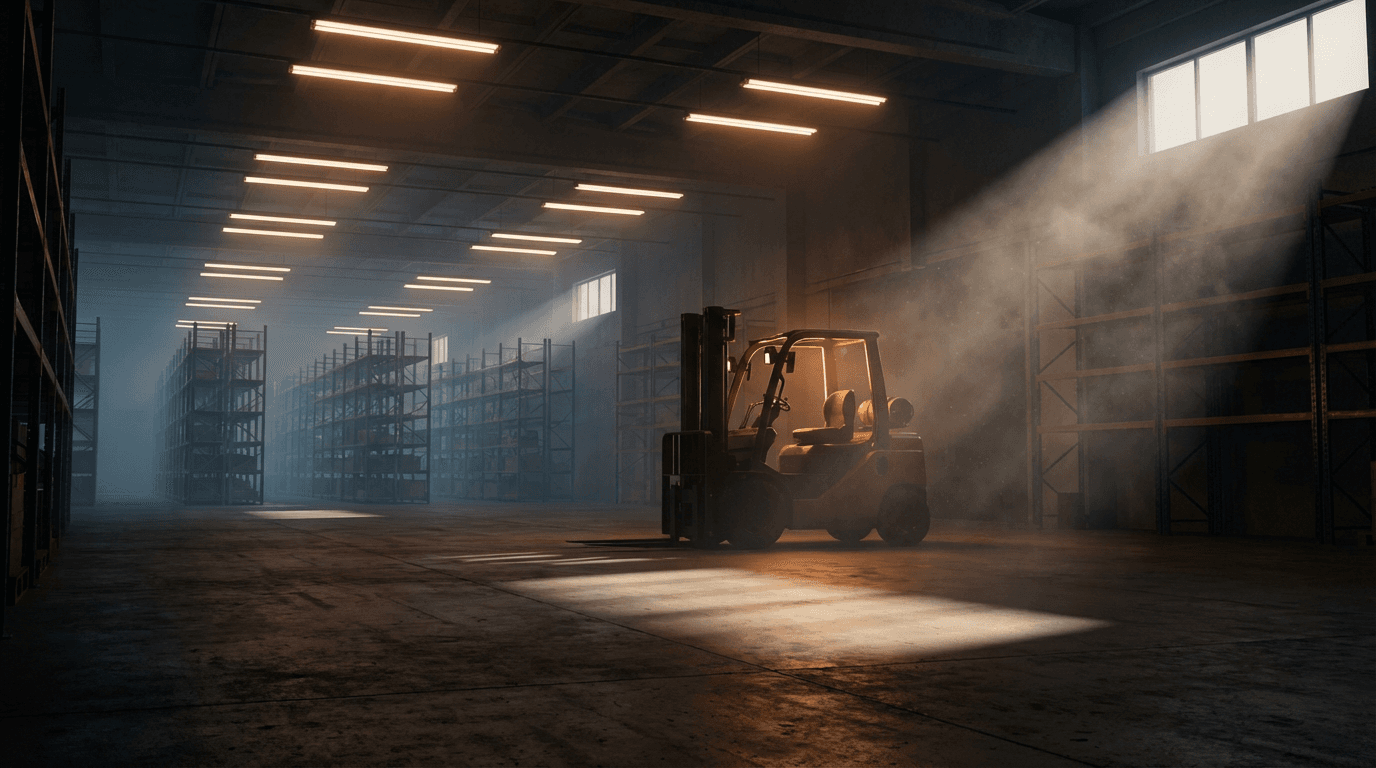 Modern logistics warehouse at dusk with long loading bays, charcoal steel cladding, and gold sodium lighting, empty yard, industrial real-estate photography