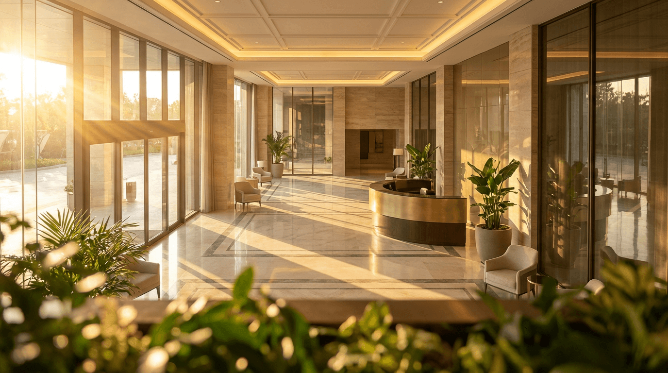 Glass-fronted boutique hotel lobby opening onto a busy downtown sidewalk at golden hour, editorial commercial photography