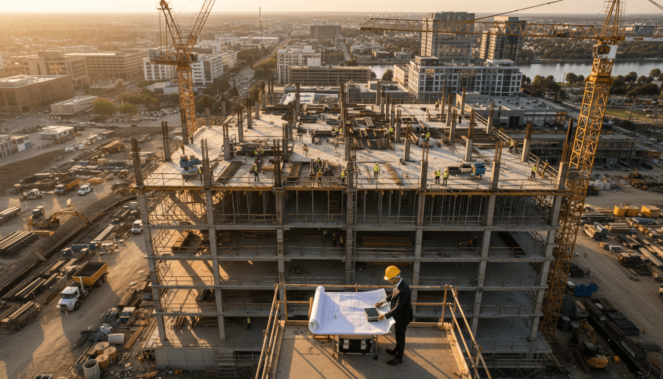 Night construction site of a steel-frame commercial building with crane silhouette, deep navy sky, gold work lights, sophisticated real estate photography