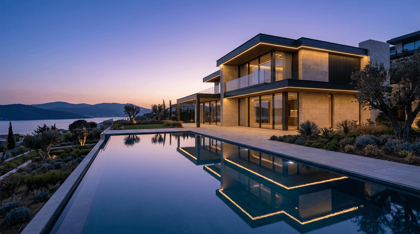 Luxury residential investment property with modern architecture at dusk