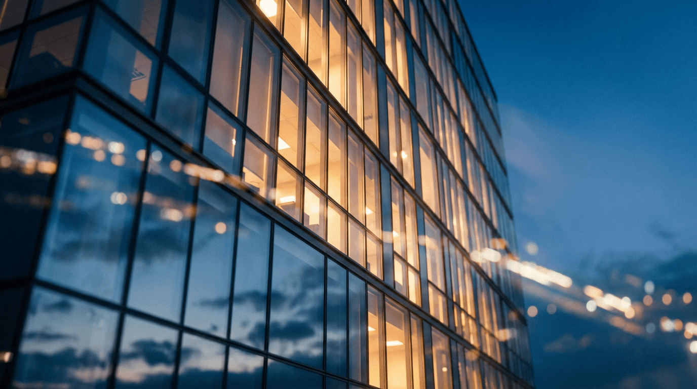 Twilight photograph of a modern medical campus and adjacent self-storage facility, deep navy color grade, subtle gold entrance lighting, specialized commercial real estate style