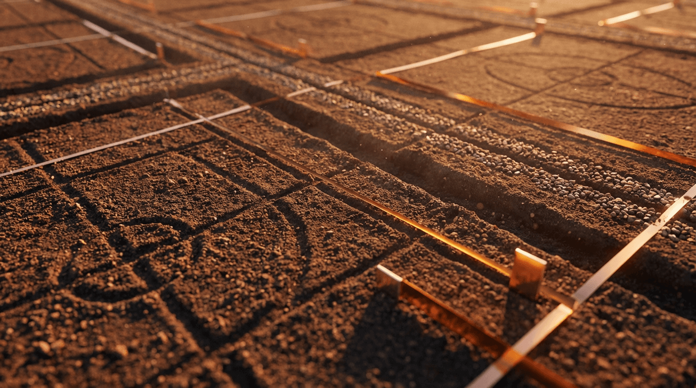 Aerial dusk photograph of a graded development parcel with survey stakes and distant city lights, deep navy overlay and subtle gold horizon, commercial land photography