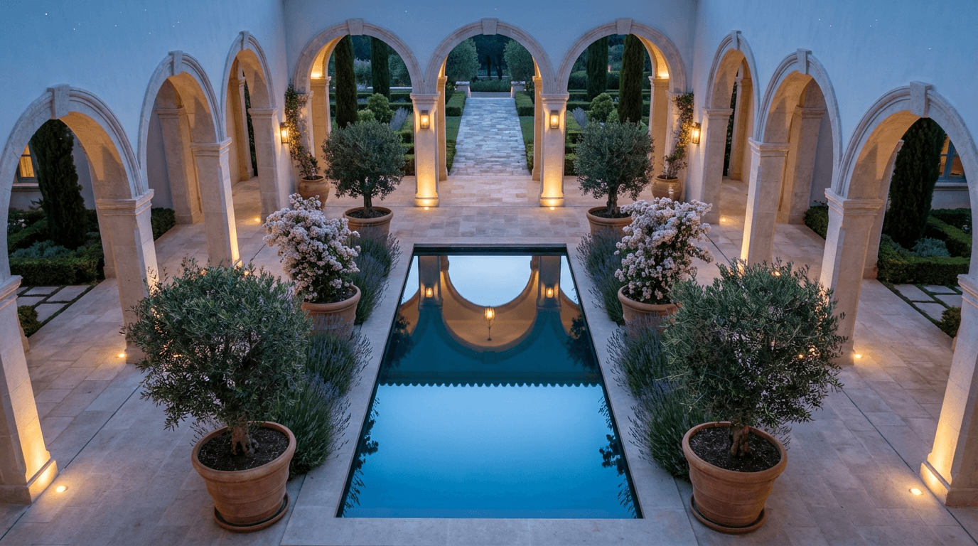 Quiet limestone townhouse facade with black iron lanterns and ivy, dusk lighting, private wealth estate architecture, no people or logos