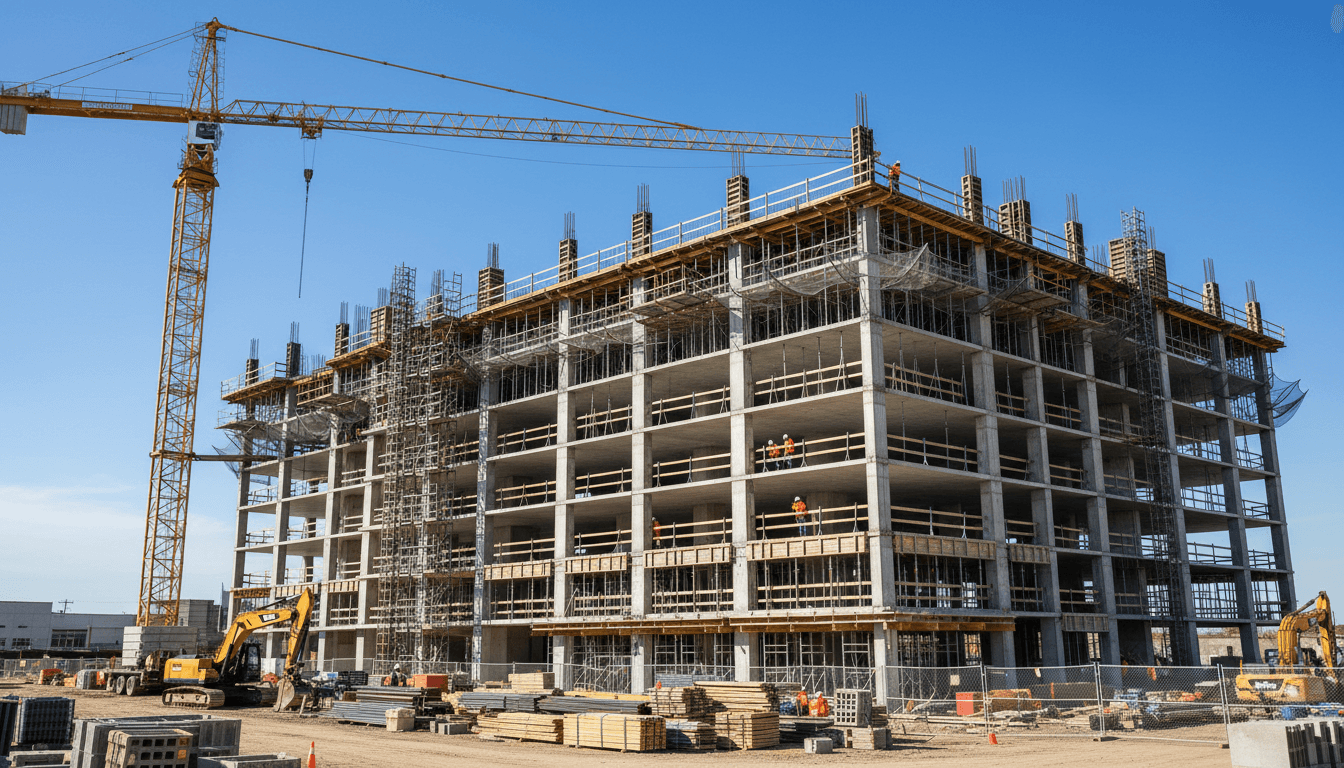 Construction site with crane and steel framework