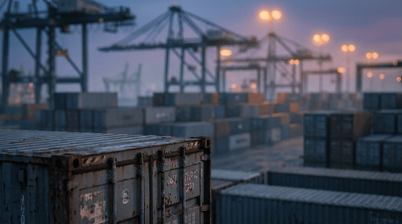 Wide-angle dusk photo of a modern distribution warehouse with loading docks, deep navy overlay, gold sodium dock lights, clean industrial commercial real estate style