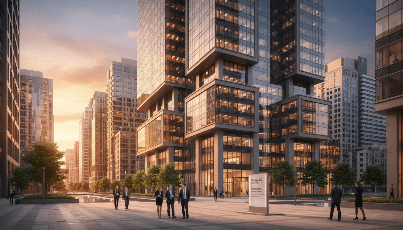 Corner office tower at dusk with lit floor plates and a parking plaza in the foreground, documentary commercial real-estate photography
