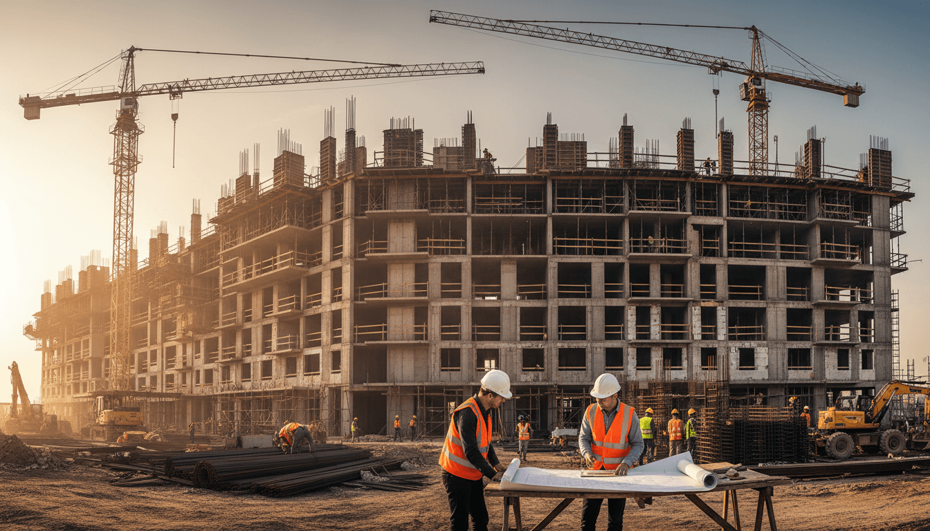 Black man in his 50s wearing a hard hat and navy work jacket standing on an unfinished concrete deck of a mid-rise construction site at dusk, city skyline behind, cinematic editorial photography, no branding