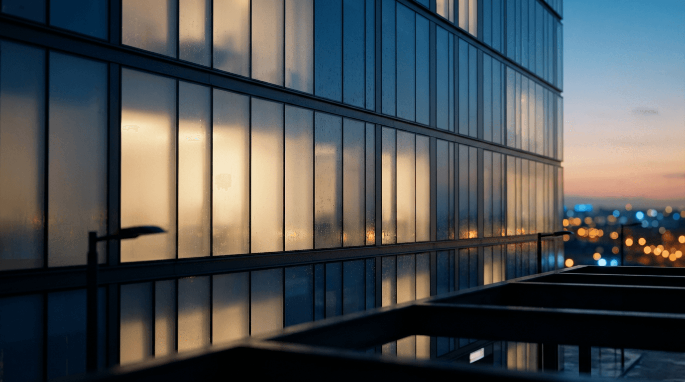 Night city skyline of glass office towers reflecting gold streetlight, dense financial district, no signage, moody navy and charcoal architectural photography
