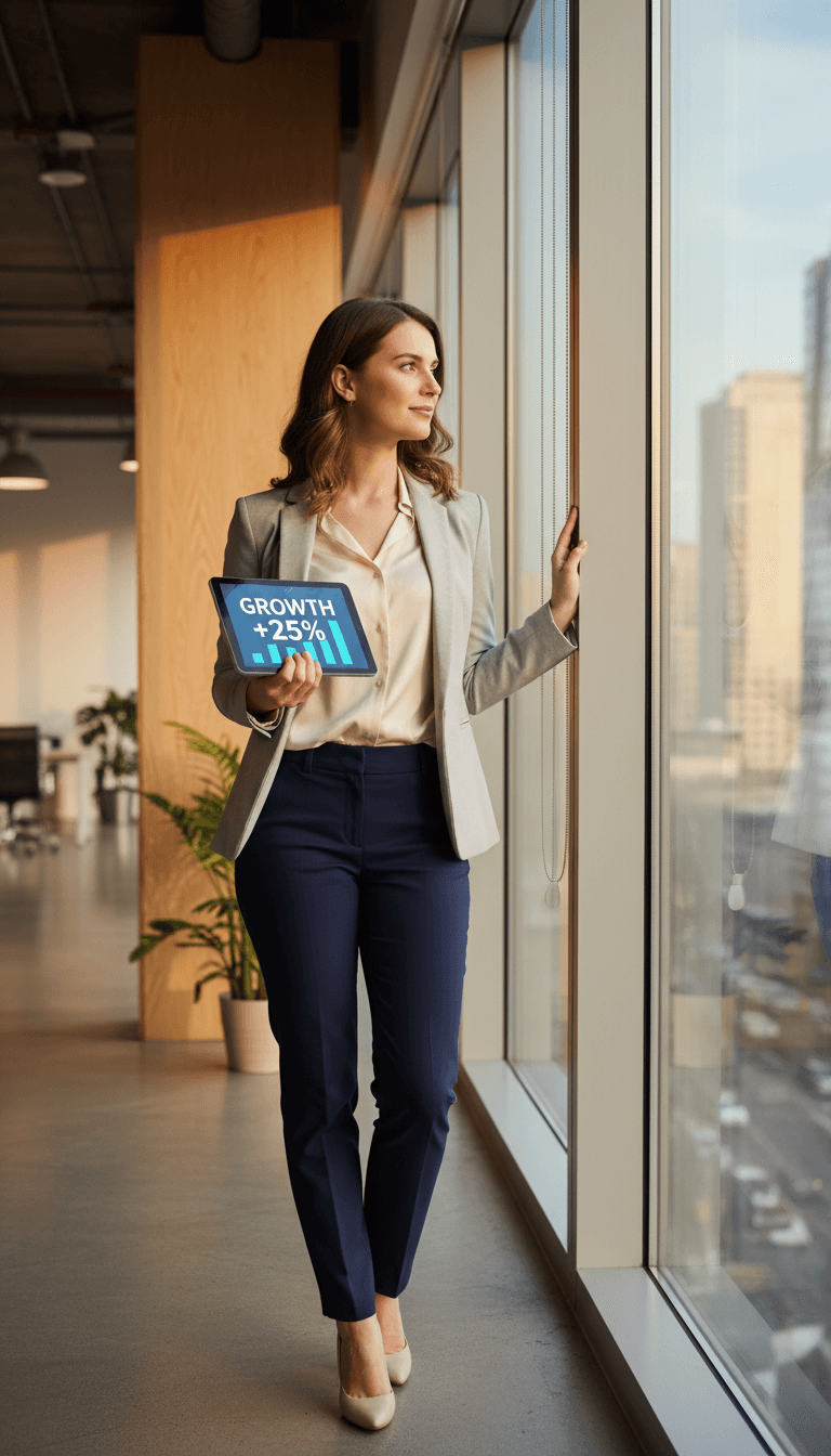 Mid-40s East Asian woman investor in a charcoal tailored coat reviewing printed rent rolls at a conference table in a quiet high-rise office, floor-to-ceiling windows, muted navy and gold editorial lighting, serious and composed, no logos