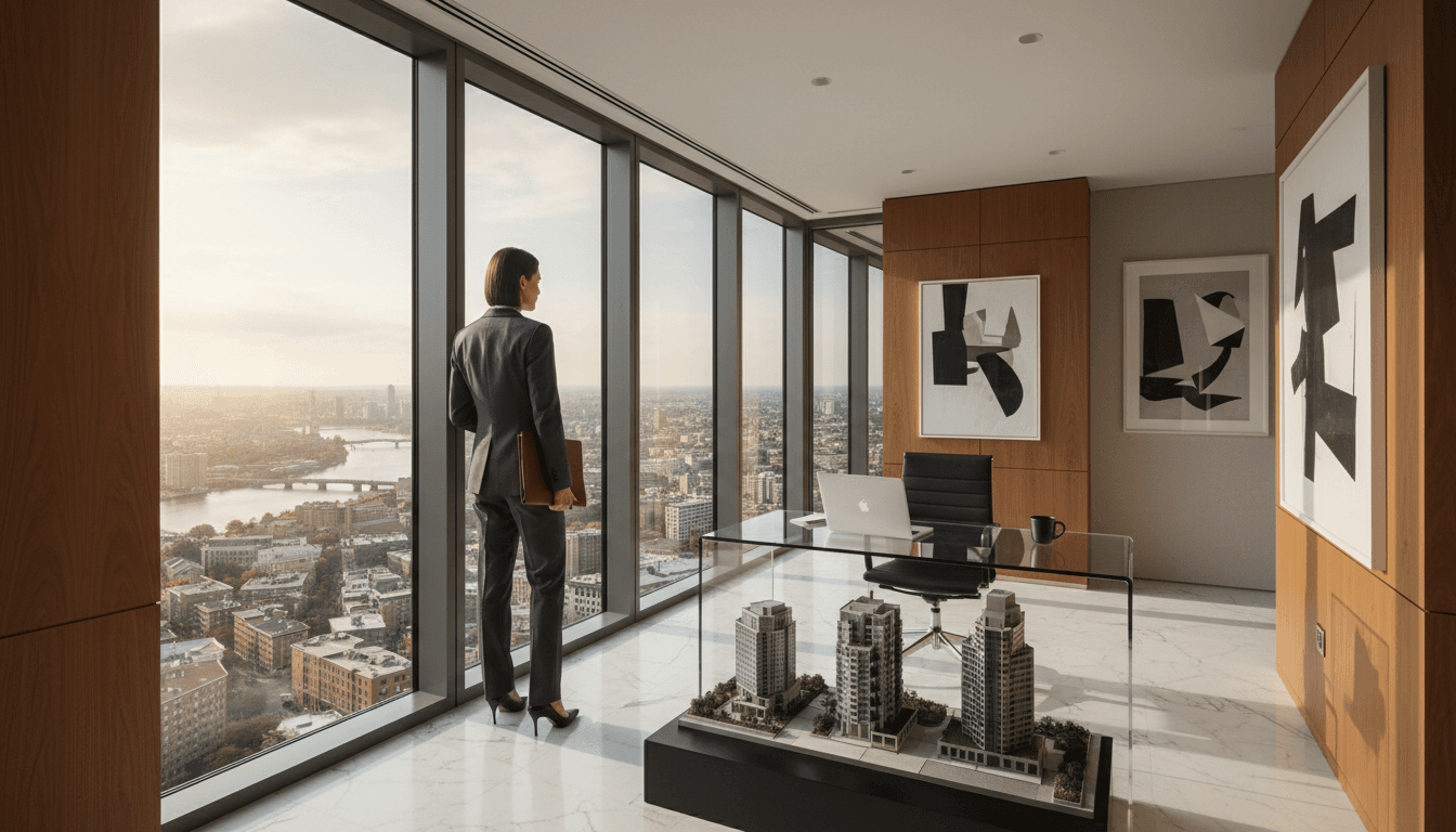 Middle Eastern man in a tailored navy suit presenting a commercial listing packet in a quiet conference room with city views, gold and ivory interiors, sophisticated editorial photography, no nameplates