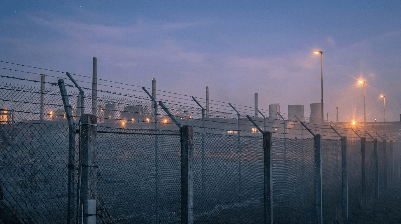 Partially boarded warehouse with faded signage and a chain-link fence, late afternoon industrial photography