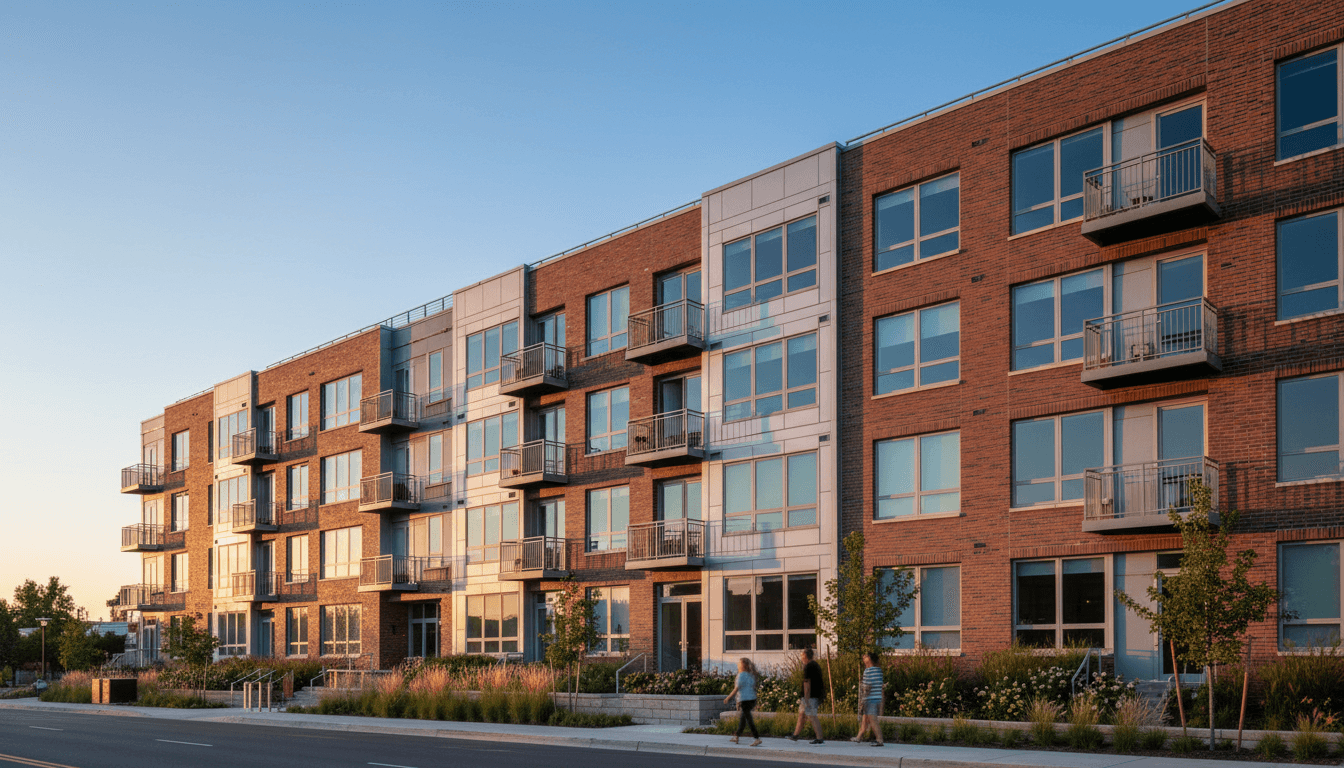 South Asian man in a navy suit standing outside a contemporary brick apartment courtyard with landscaped paths, late afternoon light, professional editorial photograph of a multifamily sponsor, no signage