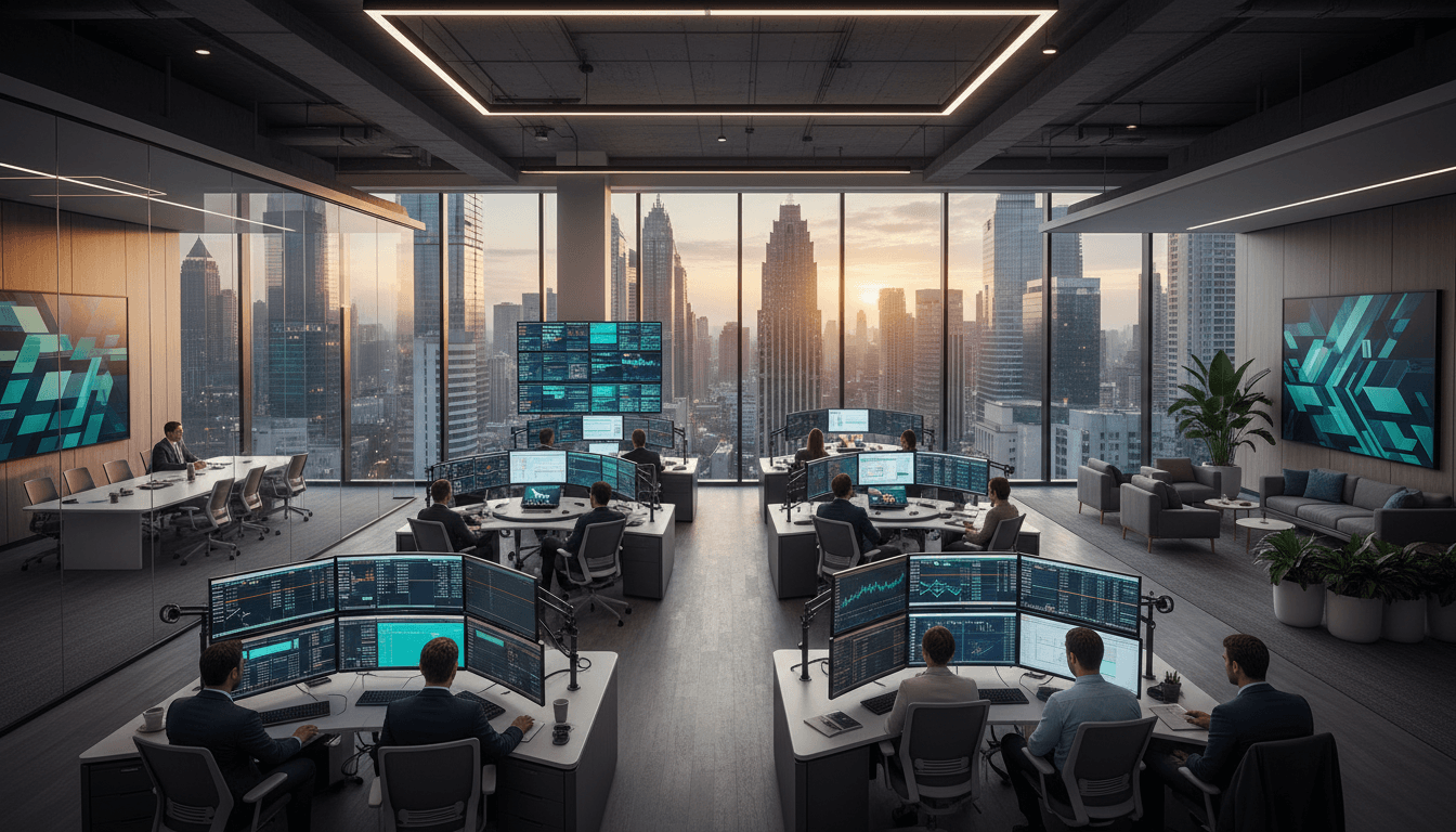 Quiet capital-markets trading floor after hours with stacked term sheets, brass desk lamps, and a city skyline through tall windows, cinematic still life, midnight navy and metallic gold