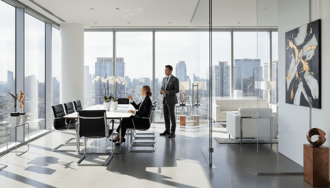 Dimly lit private investment office with charcoal walnut conference table, brass desk lamps, and floor-to-ceiling city views, empty of people, luxury finance interiors