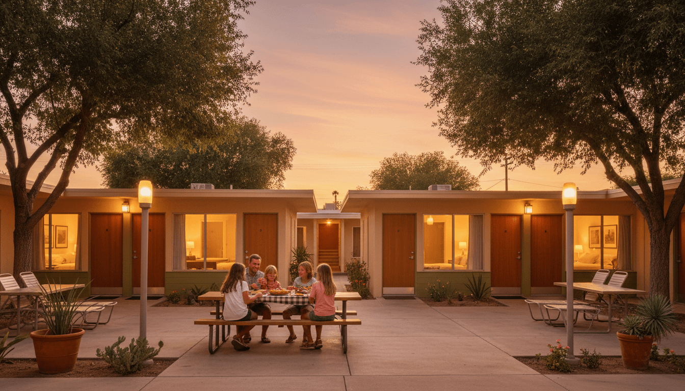 Palm-lined courtyard of a mid-century motel converted to boutique rooms, pool reflecting evening lights, travel photography