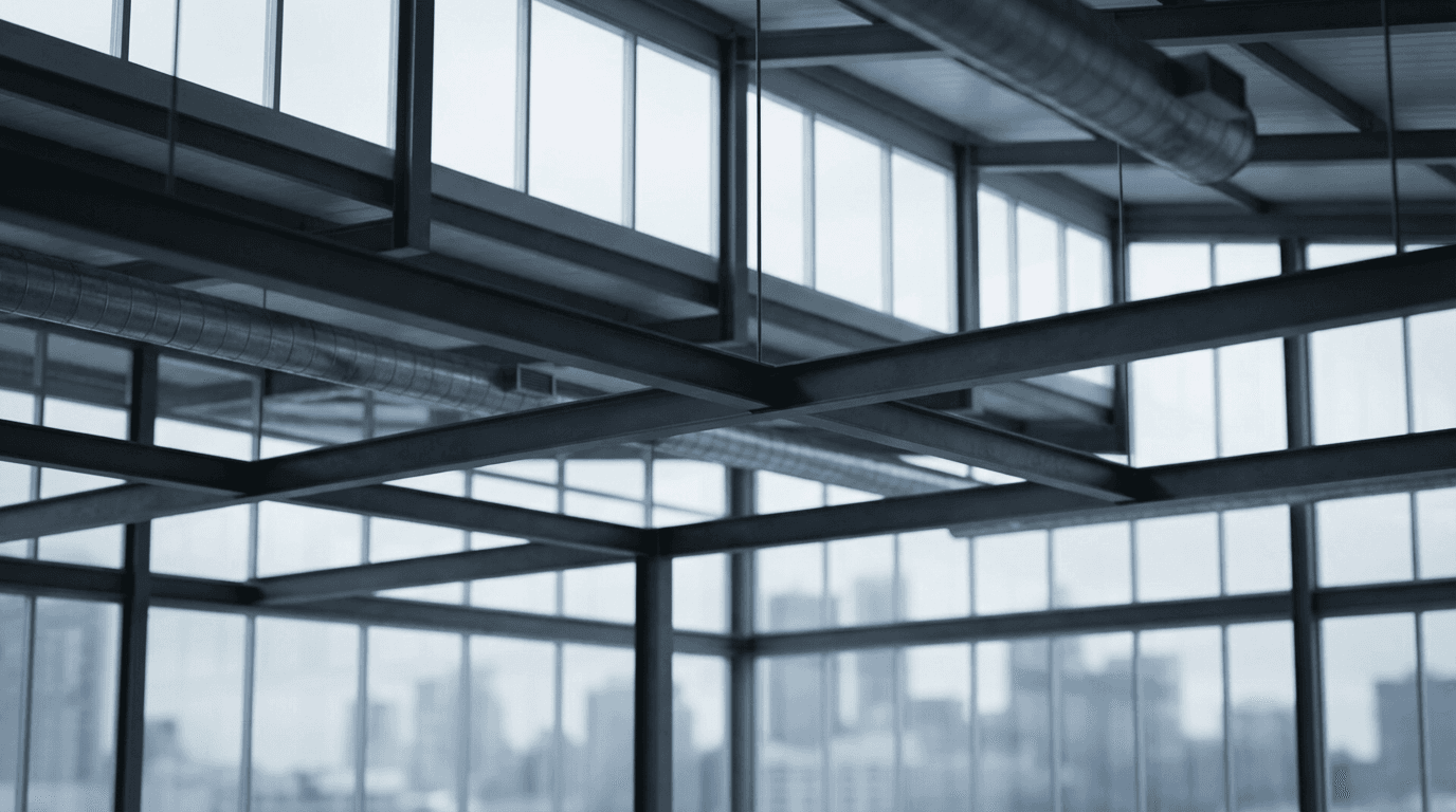 Industrial warehouse conversion with exposed brick, steel beams, and charcoal loading docks at twilight, empty lot, architectural real-estate photography