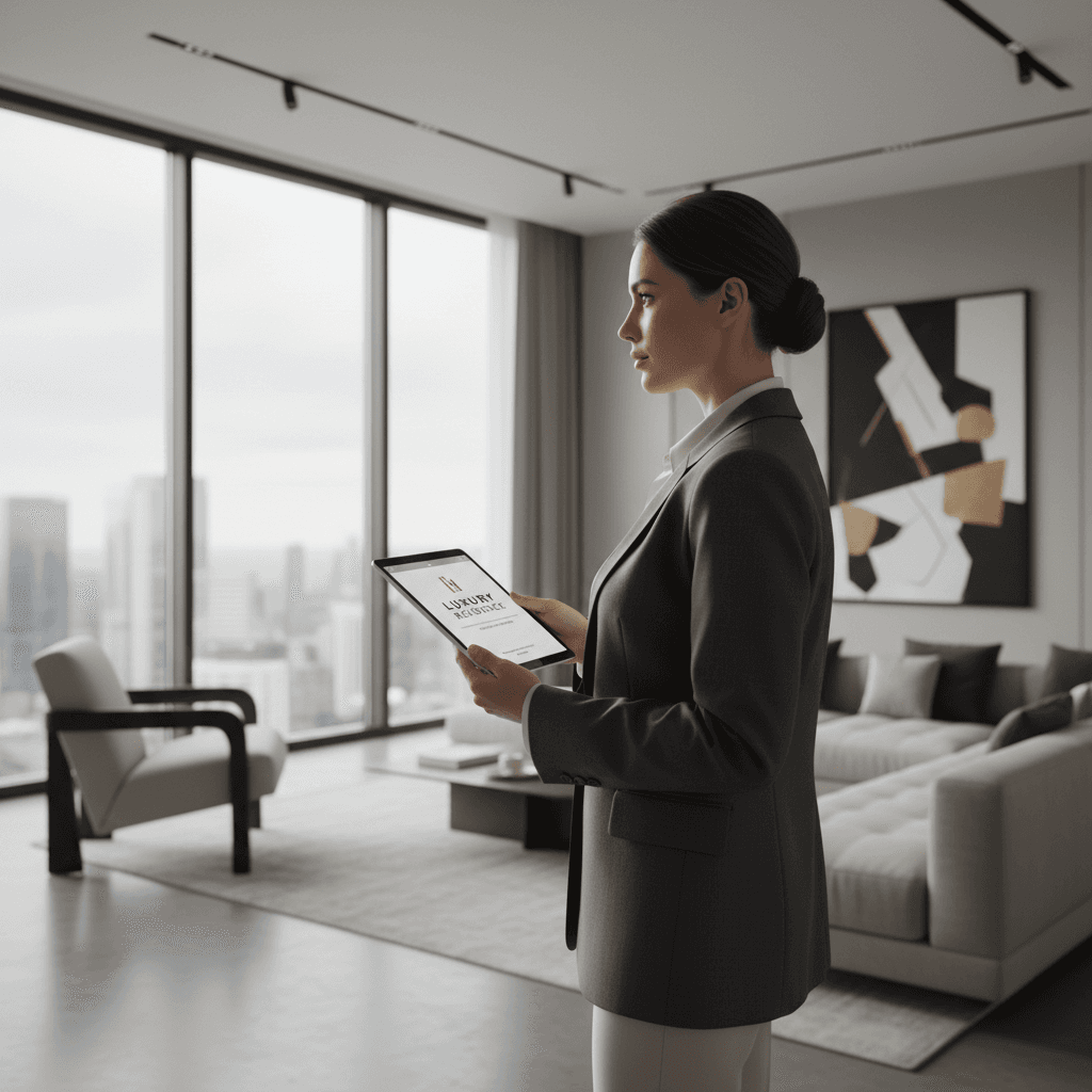 Latina property owner in a cream blazer walking the marble lobby of a Class A office tower, brass fixtures and ivory stone, sophisticated editorial portrait, natural window light, no company names