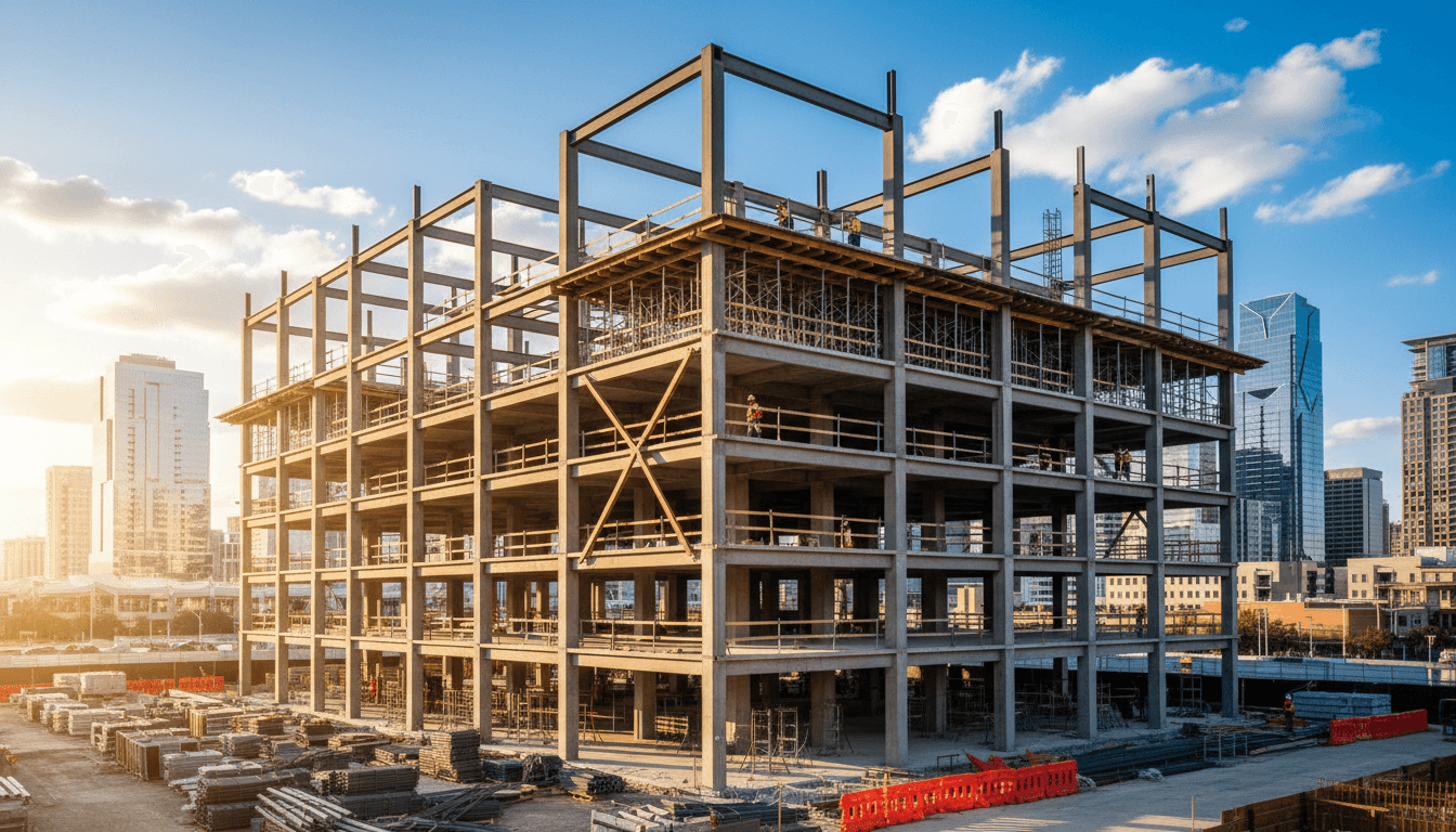 Steel frame of a multifamily building rising against a clear sky with cranes and concrete forms, construction site photography
