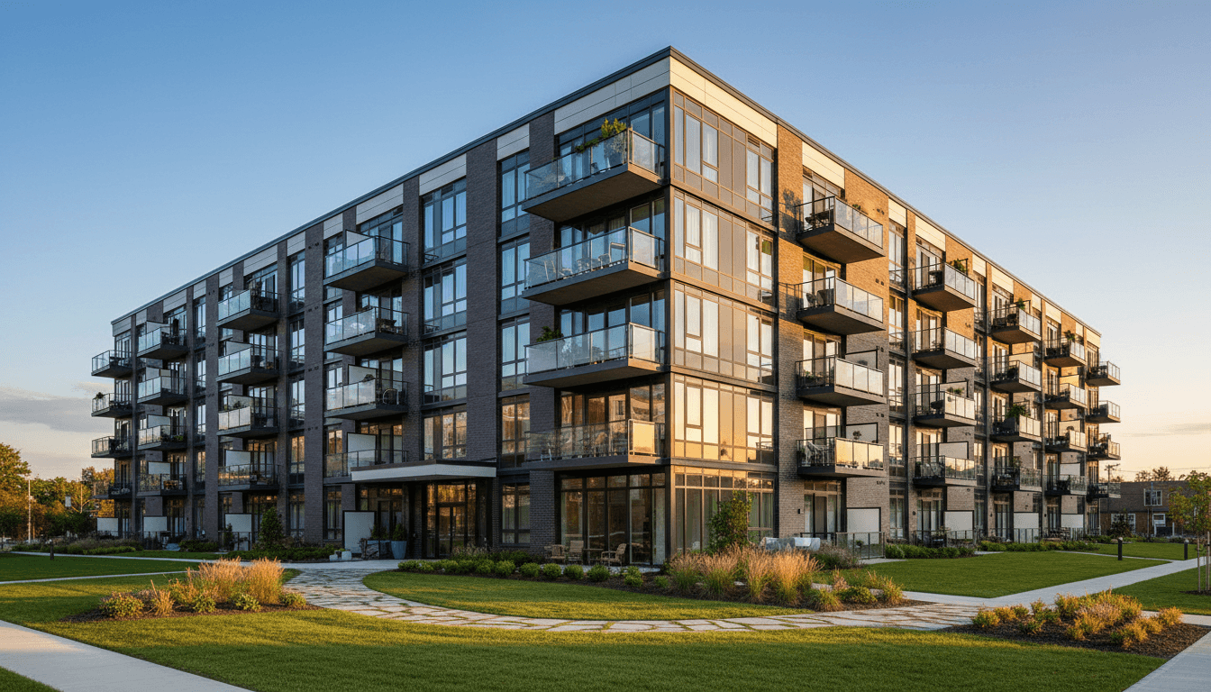 Contemporary multifamily apartment courtyard with dark brick, balconies, and warm gold window glow at evening, no residents visible, investment property photography