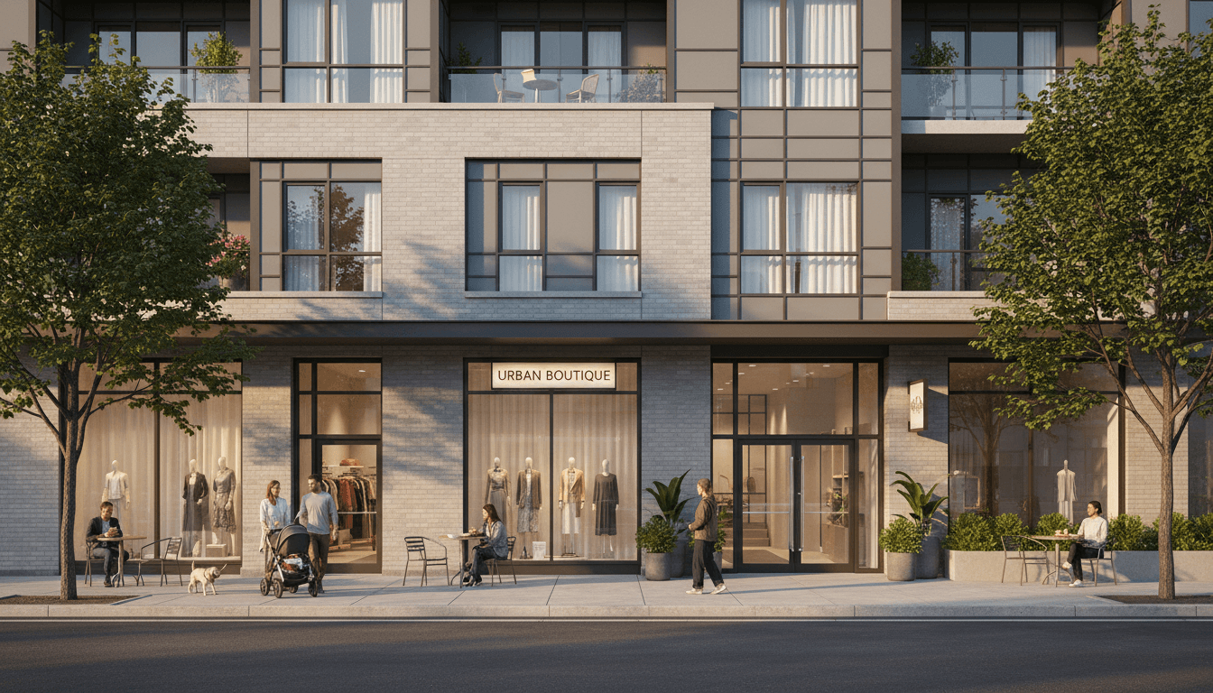 Mid-rise mixed-use building with a leasing banner and empty storefronts, overcast city street, architectural photography