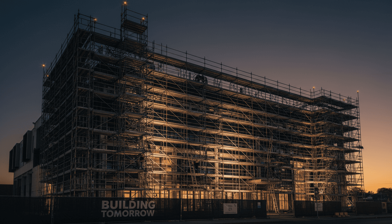 Active multifamily renovation with scaffolding, exposed brick, new windows, and construction lighting at dusk, documentary architectural photography, ivory dust and charcoal steel