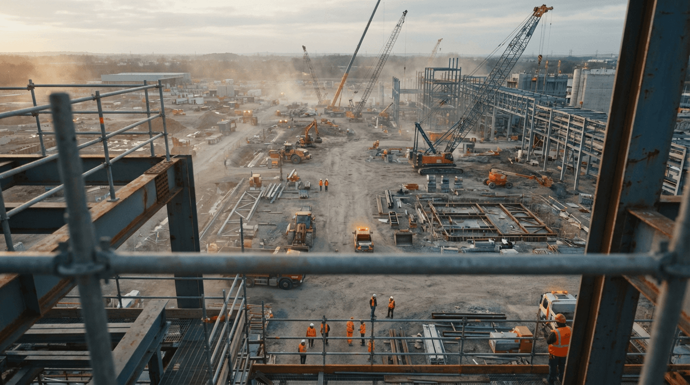 High-rise concrete superstructure with tower crane against a deep navy dusk sky, empty construction site, cinematic architectural documentary style