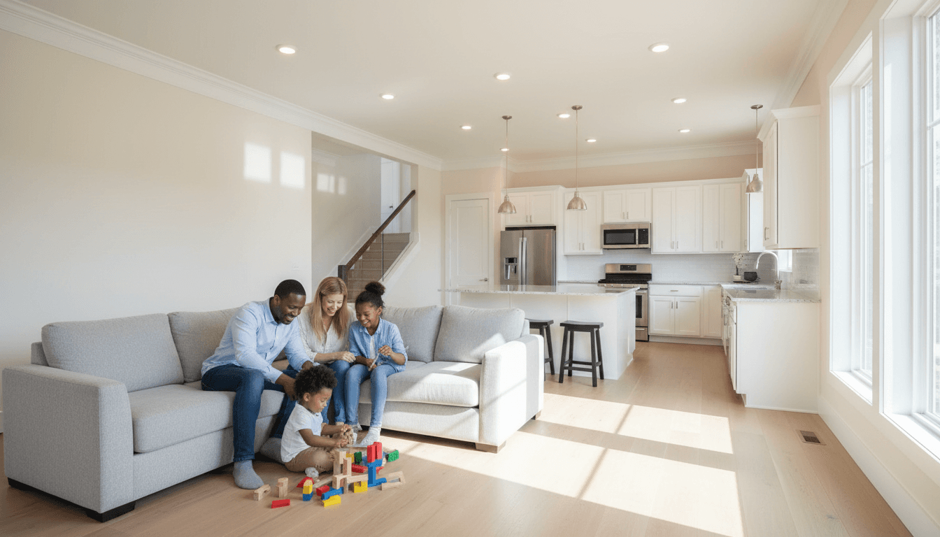 Diverse family of four enjoys a sunny, open-concept living room and kitchen in their newly completed modern home