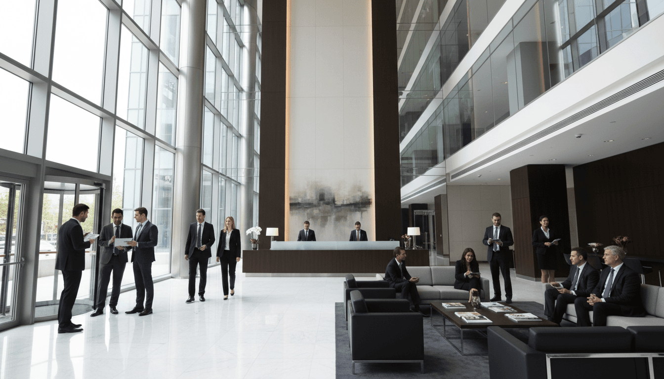 High-rise office tower atrium with marble floors and stacked floor plates visible through glass, corporate architectural photography